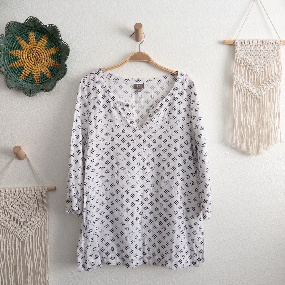 J. Jill 100% Linen White with Black Print Pullover Tunic Top Size Medium